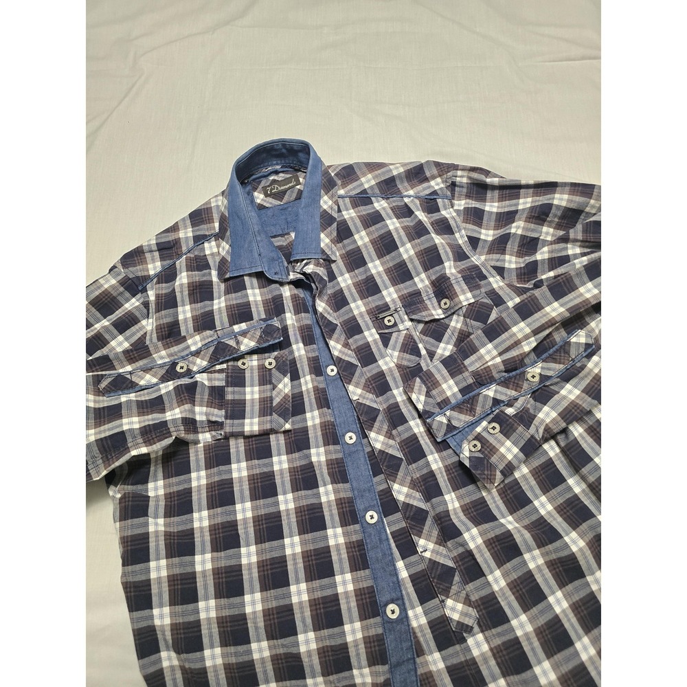 7 Diamonds Shirt Mens Large Blue Brown Plaid Stretch Button Up Casual Western‎